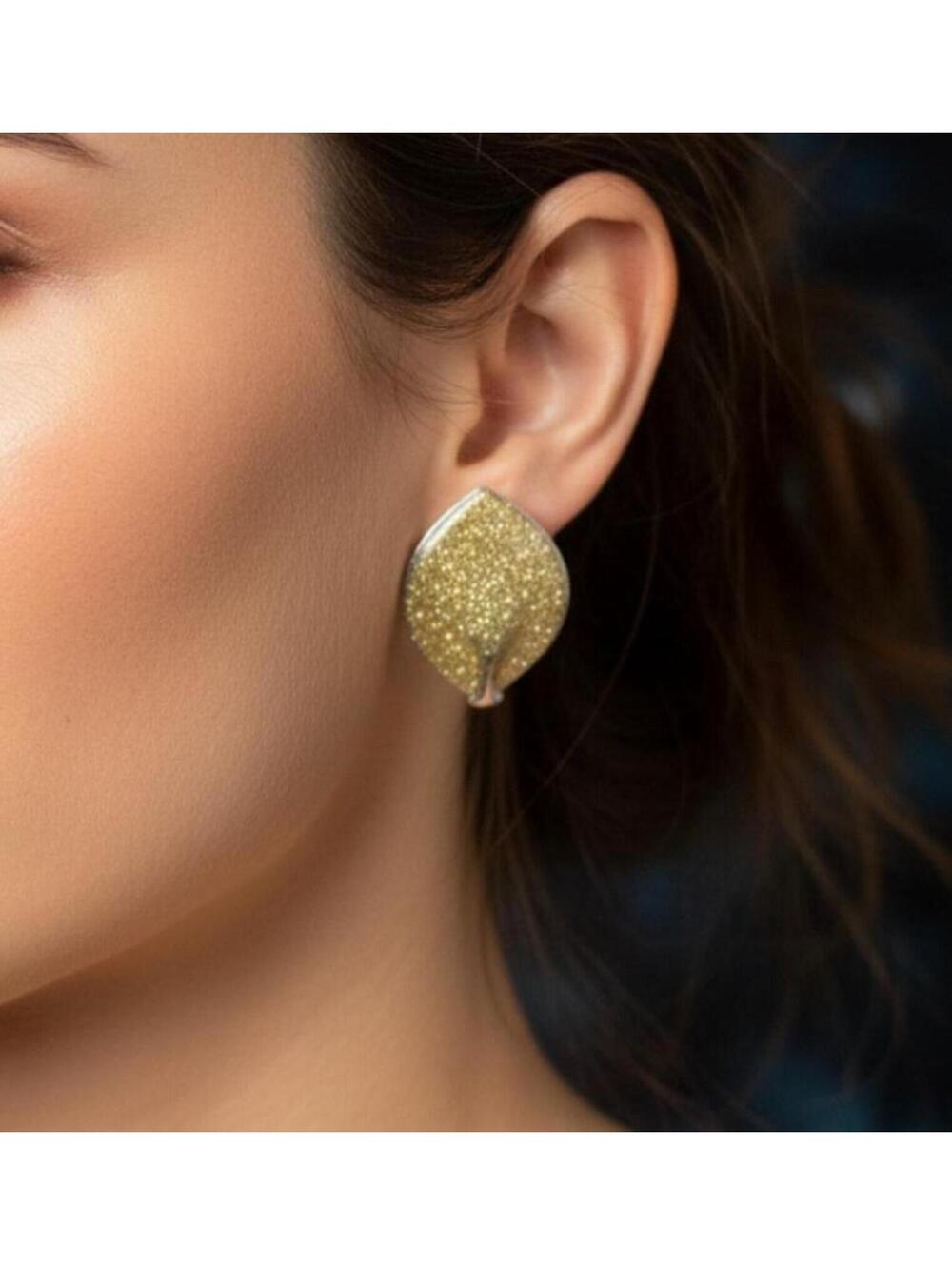 EARRINGS Glitter Green/gold On Silver Leaf Shaped Post